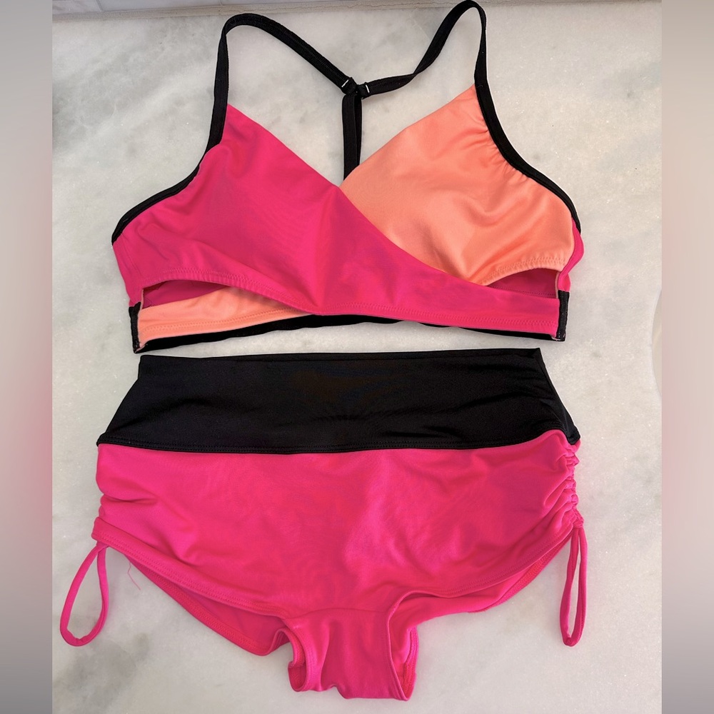 Pink, Orange and Black Colorblock Bikini Set